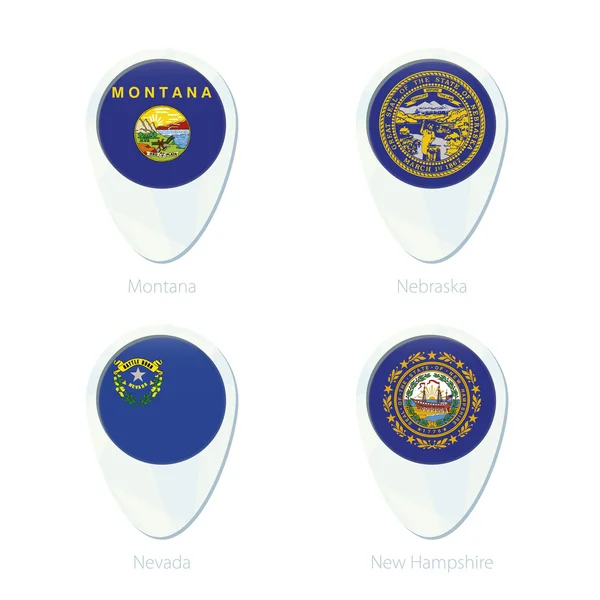 Montana, Nebraska, Nevada, New Hampshire flagę lokalizacji mapy ikonę pinezki. — Wektor stockowy