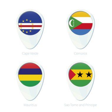 Cape Verde, Komor Adaları, Mauritius, Sao Tome ve Principe bayrak konumu harita PIN simgesi. 