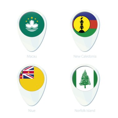 Macau, Yeni Kaledonya, Niue, Norfolk Adası bayrak konumu harita PIN simgesi. 