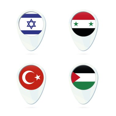 İsrail, Suriye, Türkiye, Palestine bayrak konumu harita PIN simgesi. 