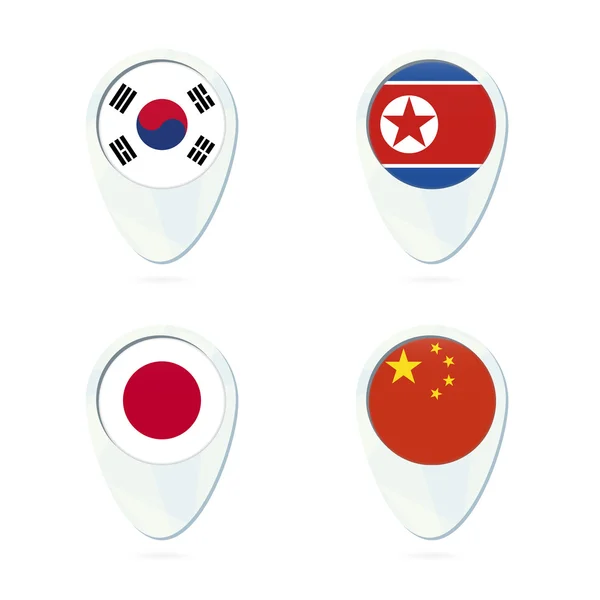 Südkorea, Nordkorea, Japan, China Flagge Standort Karte Pin ico — Stockvektor