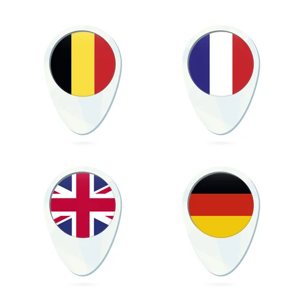 Belgium, Franciaország, Egyesült Királyság, Németország lobogója helyen Térkép pin én — Stock Vector