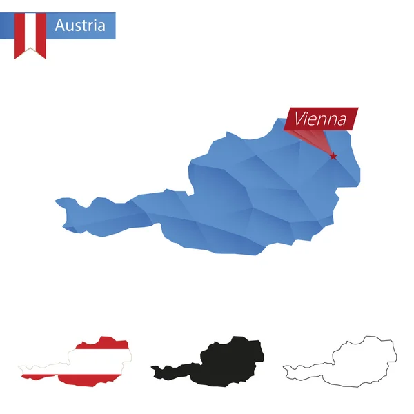 Österreich blaue Low-Poly-Karte mit Hauptstadt Wien. — Stockvektor