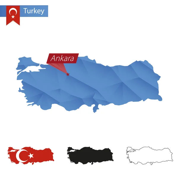 Türkiye mavi düşük Poli Haritası Başkent Ankara. — Stok Vektör