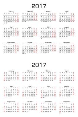 Basit takvim 2017. İki sürümü, hafta Pazar ve Pazartesi hafta başlayan. 
