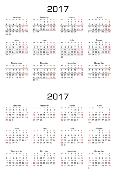 Einfacher Kalender 2017. Zwei Versionen, die Woche beginnt am Sonntag und die Woche beginnt am Montag. — Stockvektor