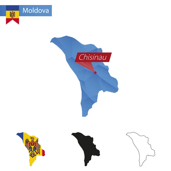 Moldavia azul Low Poly mapa con capital Chisinau . — Vector de stock