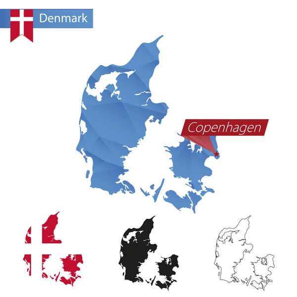 Tőke Koppenhága Dánia kék Low Poly Térkép. — Stock Vector