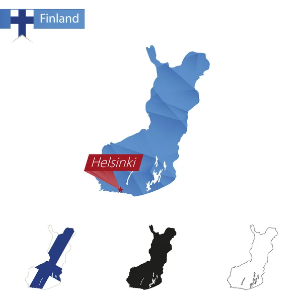 Finland blauwe lage Poly kaart met hoofdstad Helsinki. — Stockvector