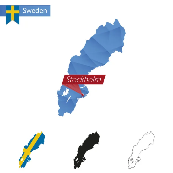 Schwedenblaue Low-Poly-Karte mit Hauptstadt Stockholm. — Stockvektor