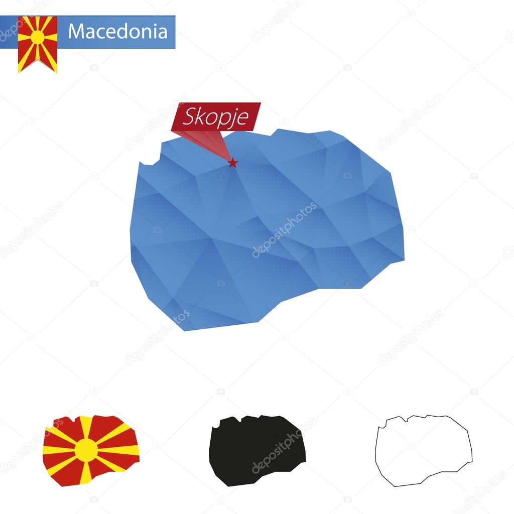 Macedonia blue Low Poly map with capital Skopje.
