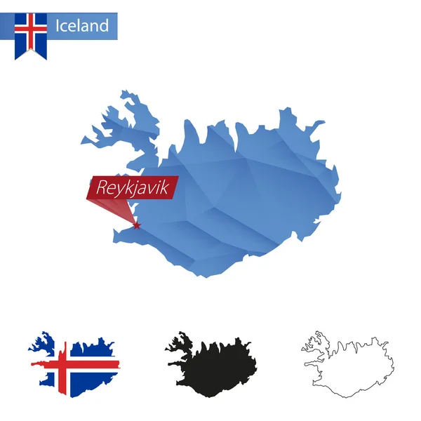 Izland kék Low Poly Térkép Reykjavik capital. — Stock Vector