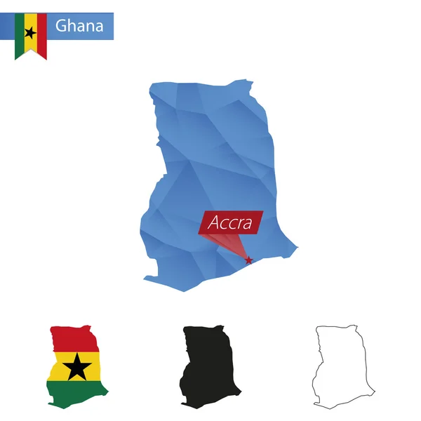 Ghana blue Low Poly map with capital Accra. — Stock Vector