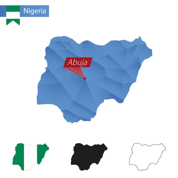 Nigeria azul Bajo Poly mapa con capital Abuja . — Vector de stock
