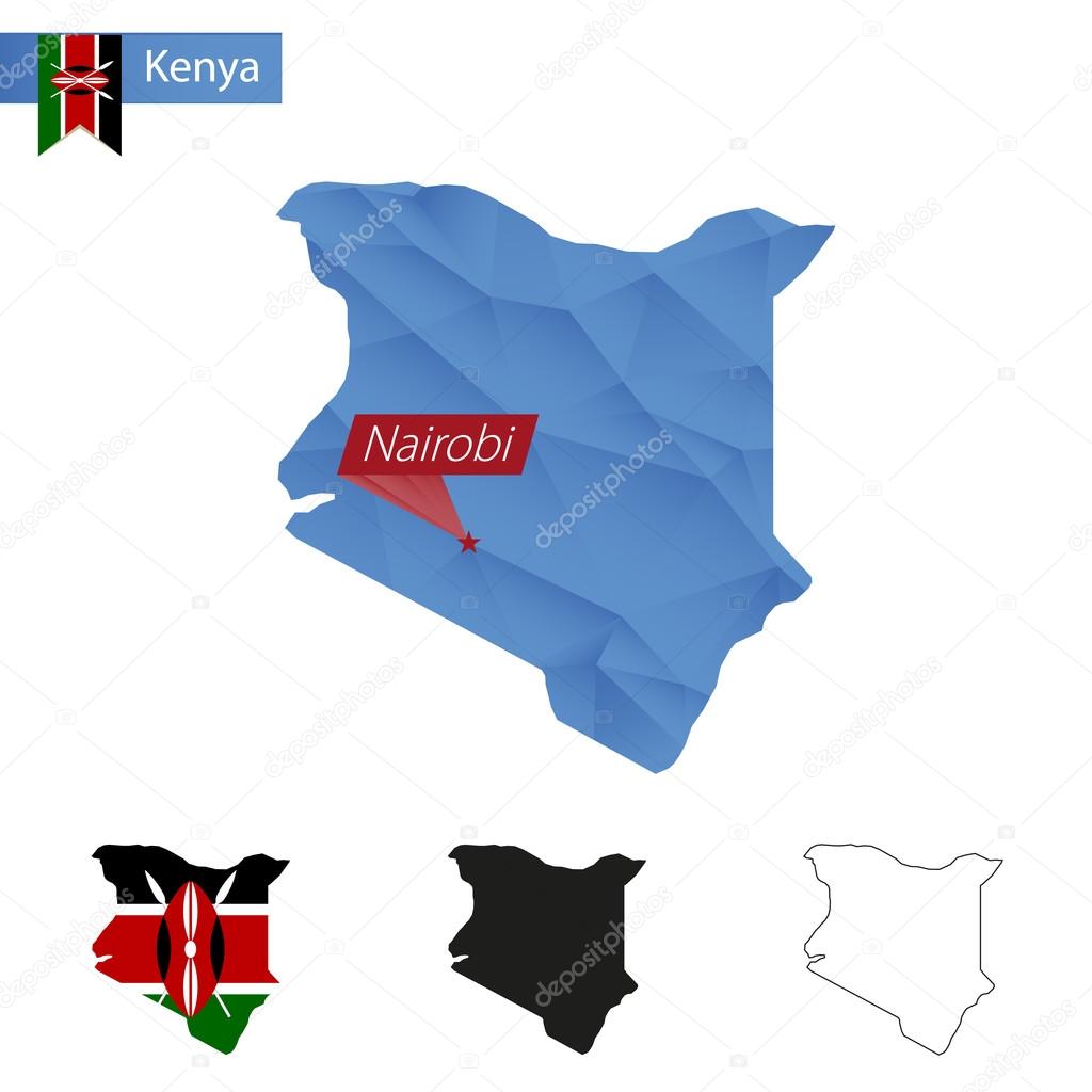 Kenya blue Low Poly map with capital Nairobi.