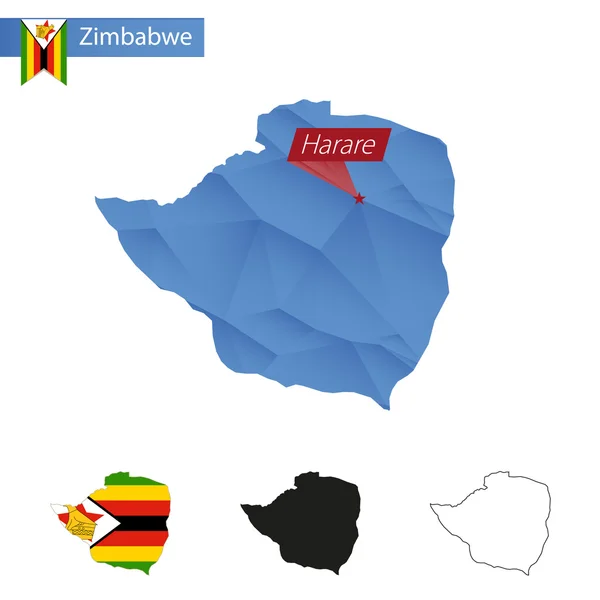 Zimbabwe blauw laag Poly kaart met hoofdstad Harare. — Stockvector