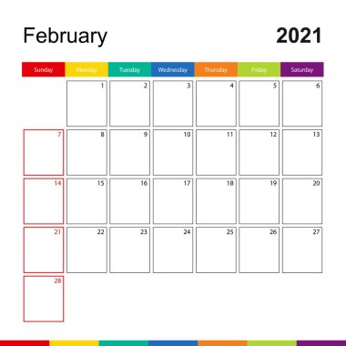 2021 Şubat renkli duvar takvimi, hafta pazar günü başlıyor. 2021 Takvim şablonu.