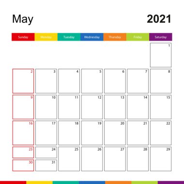 Mayıs 2021, renkli duvar takvimi, hafta pazar günü başlıyor. 2021 Takvim şablonu.
