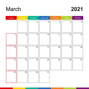 Mart 2021 renkli duvar takvimi, hafta pazar günü başlıyor. 2021 Takvim şablonu.