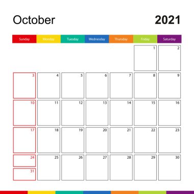 2021 Ekim. Renkli duvar takvimi. Hafta pazar günü başlıyor. 2021 Takvim şablonu.