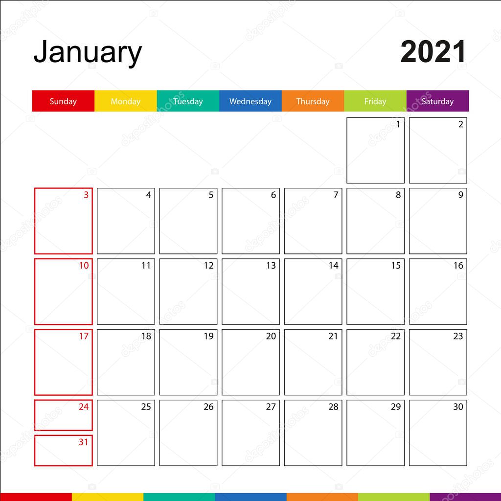 January 2021 colorful wall calendar, week starts on Sunday. 2021 Calendar template.