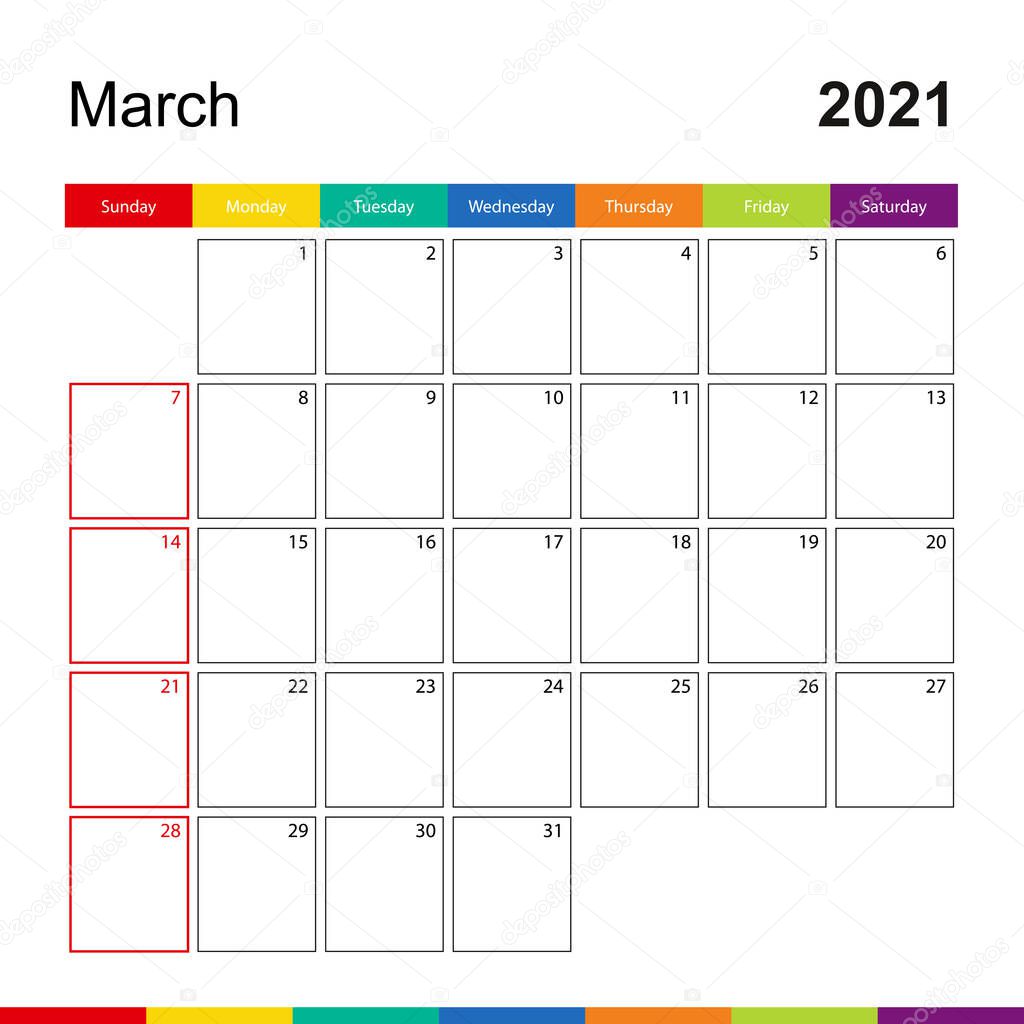 March 2021 colorful wall calendar, week starts on Sunday. 2021 Calendar template.