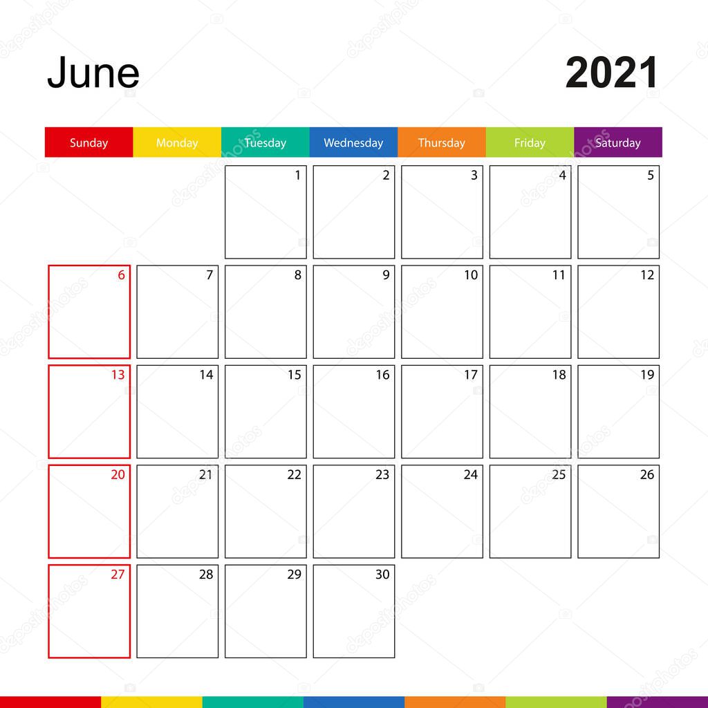 June 2021 colorful wall calendar, week starts on Sunday. 2021 Calendar template.