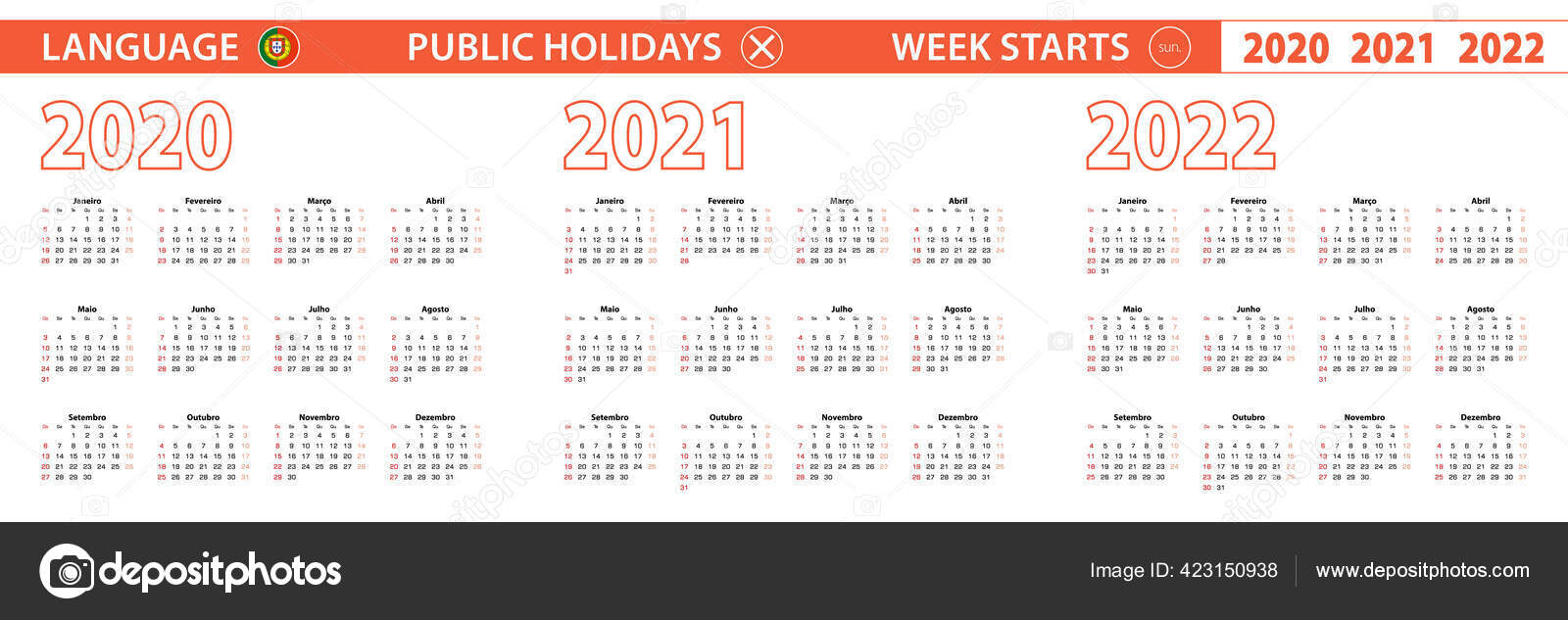 2020 2021 2022 Year Vector Calendar Portuguese Language Week Starts Stock Vector Image By ©Boldg #423150938