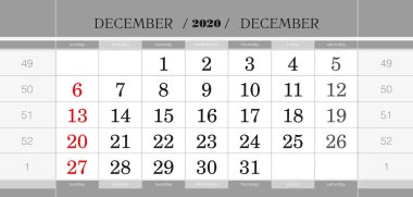 Aralık 2020, üç aylık takvim bloğu. İngilizce duvar takvimi, hafta pazar günü başlıyor. Vektör İllüstrasyonu.