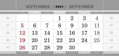 Eylül 2021 üç aylık takvim bloğu. İngilizce duvar takvimi, hafta pazar günü başlıyor. Vektör İllüstrasyonu.