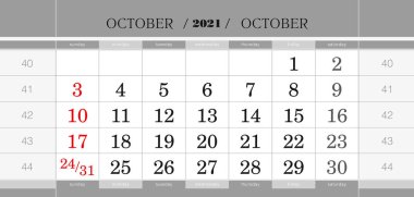 October 2021 quarterly calendar block. Wall calendar in English, week starts from Sunday. Vector Illustration. clipart