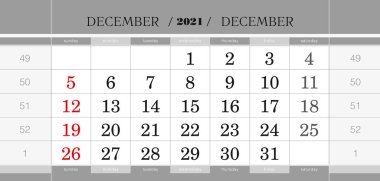 Aralık 2021, üç aylık takvim bloğu. İngilizce duvar takvimi, hafta pazar günü başlıyor. Vektör İllüstrasyonu.
