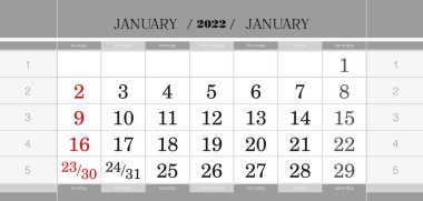 January 2022 quarterly calendar block. Wall calendar in English, week starts from Sunday. Vector Illustration. vector