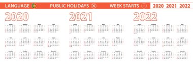 2020, 2021, 2022 yılı Portekizce vektör takvimi, hafta pazar günü başlıyor. Vektör takvimi.