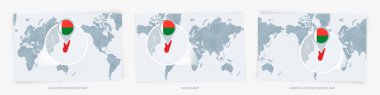 Madagaskar 'ın genişletilmiş bayraklı haritasıyla Dünya Haritasının üç versiyonu.