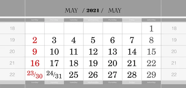 Mei 2021 Kwartaalkalenderblok Wandkalender Het Engels Week Begint Vanaf Zondag — Stockvector