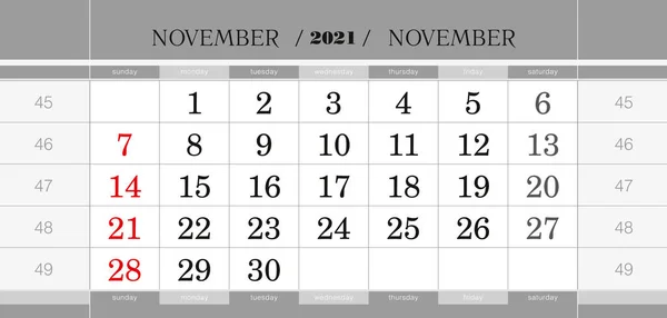 Noviembre 2021 Bloque Calendario Trimestral Calendario Mural Inglés Semana Comienza — Archivo Imágenes Vectoriales