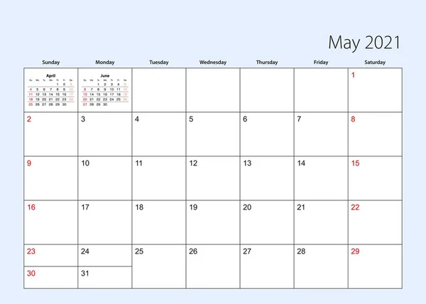 2021年5月的挂历计划 星期从星期天开始 病媒模板 — 图库矢量图片