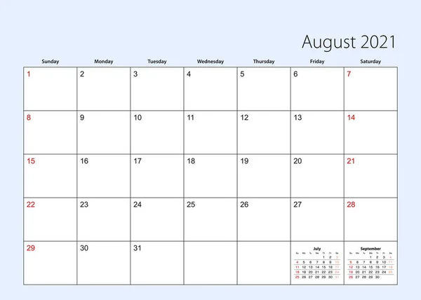 2021年8月的挂历计划 星期从星期天开始 病媒模板 — 图库矢量图片