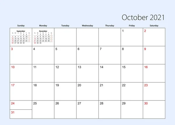 Plánovač Kalendáře Říjen2021 Angličtina Týden Začíná Neděle Šablona Vektoru — Stockový vektor