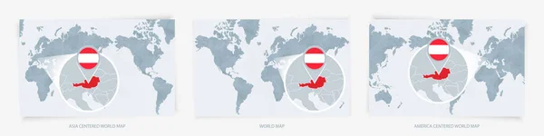 Три Версии Карты Мира Увеличенной Картой Австрии Флагом — стоковый вектор