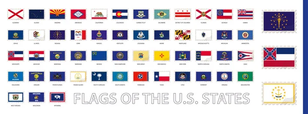 Postage Flag Set Amerikaanse Staatsvlaggen Vlaggen Gesorteerd Alfabet — Stockvector