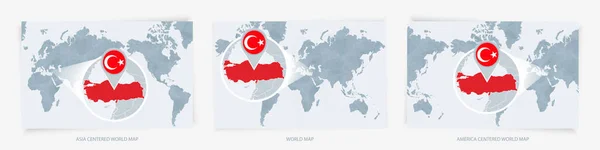 Three Versions World Map Enlarged Map Turkey Flag — Stock Vector