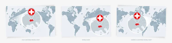 Tres Versiones Del Mapa Mundial Con Mapa Ampliado Suiza Con — Vector de stock