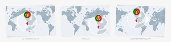 Tres Versiones Del Mapa Mundial Con Mapa Ampliado Portugal Con — Vector de stock
