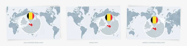 Drei Versionen Der Weltkarte Mit Der Vergrößerten Karte Belgiens Mit — Stockvektor