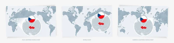 Три Версии Карты Мира Увеличенной Картой Чехии Флагом — стоковый вектор