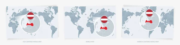 Tres Versiones Del Mapa Mundial Con Mapa Ampliado Letonia Con — Vector de stock