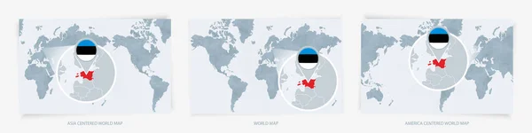 Три Версии Карты Мира Увеличенной Картой Эстонии Флагом — стоковый вектор