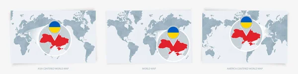 Три Версии Карты Мира Увеличенной Картой Украины Флагом — стоковый вектор